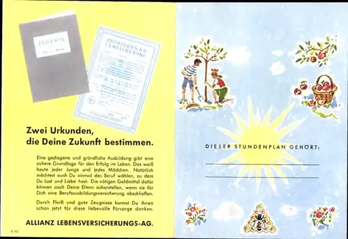 Stundenplan Allianz Versicherung, Ausbildungsberufe, spare lerne leiste, um 1960