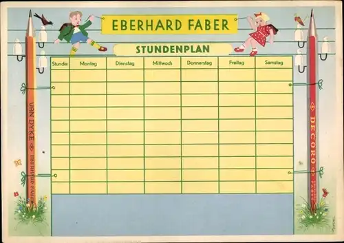 Stundenplan Eberhard Faber, van Dycke Bleistifte, Decoro Farbstifte, Kinder auf Strommast um 1950