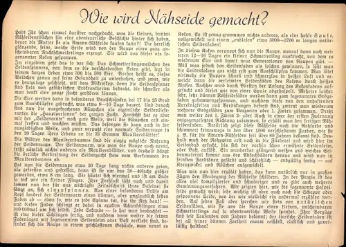 Stundenplan Reklame Olmann Nähseide, Wie wird Nähseide gemacht, Kind beim nähen um 1930