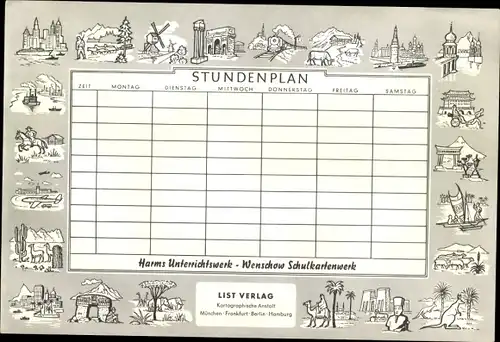 Stundenplan List Verlag, Kartographische Anstalt, Deutschlandkarte, Nachbarländer, Ostzone um 1960