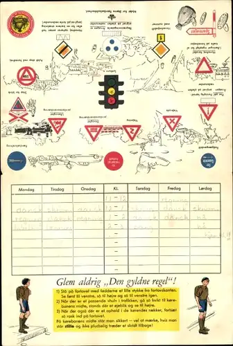 Stundenplan Bikuben Dänemark, Landkarte und Verkehrszeichen um 1960