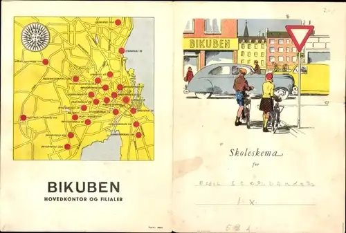 Stundenplan Bikuben Dänemark, Landkarte und Verkehrszeichen um 1960