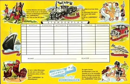 Stundenplan Reklame Lebewohl Plaster für Hühneraugen, Fuß-Spray, Blechdose um 1950