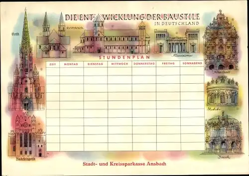 Stundenplan Sparkassen Verlag, Stilkunde Entwicklung der Baustile, Gotik Romanik Barock um1960