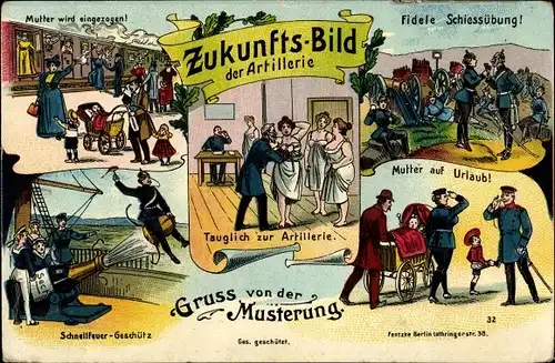 Litho Zukunftsbild aus dem Heere, Frauen als Soldaten, Emanzipation, Musterung