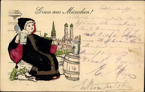 Präge Litho München, Stadtansicht, Münchner Kindl, Bier, Fass