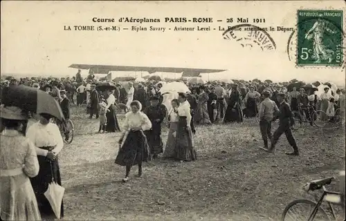 Ak La Tombe Seine et Marne, Course d'Aeroplane Paris Rome 1911, Biplan Savary, Aviateur Level