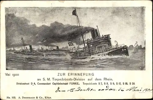 Ak S. M. Torpedoboots-Division auf dem Rhein, Deutsches Kriegsschiff, Divisionsboot D 4, Mai 1900