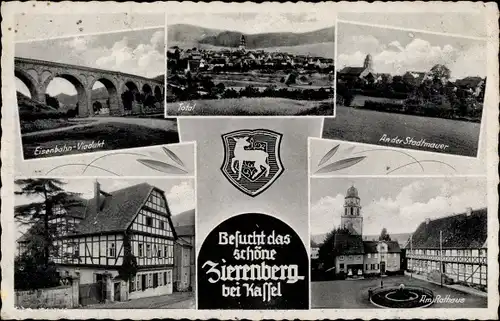 Ak Zierenberg in Hessen, Rathaus, Eisenbahn-Viadukt, An der Stadtmauer, Wappen