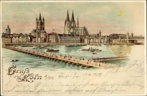 Halt gegen das Licht Litho Köln am Rhein, Rheinansicht, Brücke, Dom