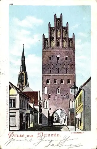 Ak Demmin Mecklenburg, Blick auf das Louisentor, Kirchturm