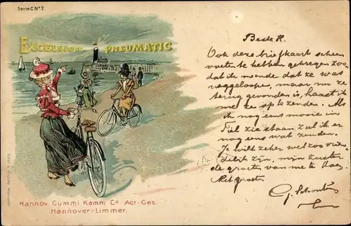 Litho Reklame Excelsior Pneumatic, Damen mit Fahrrädern am Strand, Leuchtturm