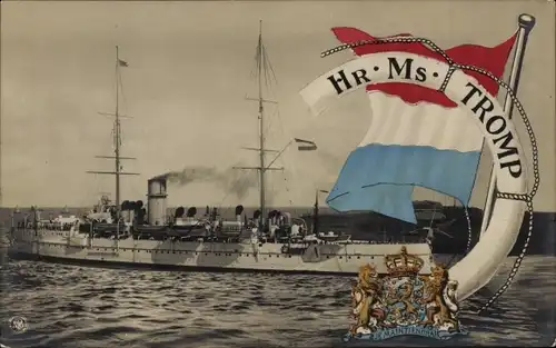 Ak Niederländisches Kriegsschiff, Hr. Ms. Tromp, Wappen, Flagge