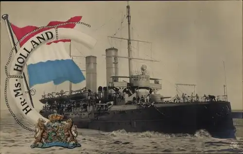 Ak Niederländisches Kriegsschiff, Hr. Ms. Holland, Flagge, Wappen