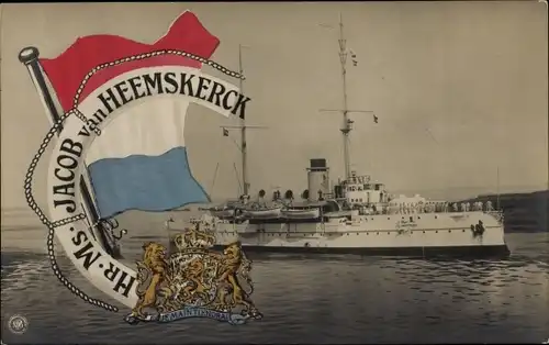Ak Niederländisches Kriegsschiff, Hr. Ms. Jacob van Heemskerck, Flagge, Wappen