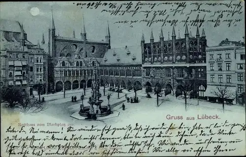 Mondschein Ak Hansestadt Lübeck, Rathaus vom Marktplatz gesehen, Nacht