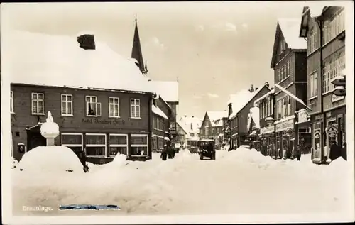 Ak Braunlage im Oberharz, Straßenpartie im Winter, Hotel Brauner Hirsch