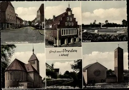 Ak Vreden im Münsterland, Stadtansichten, Wassermühlenstraße, Rathaus, Freibad