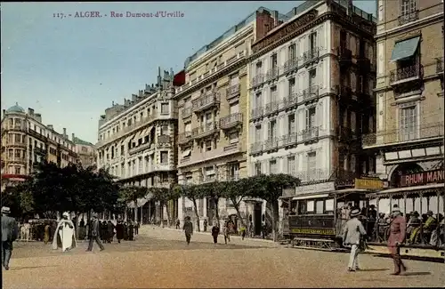 Ak Alger Algerien, Rue Dumont d'Urville, Straßenbahn, Passanten