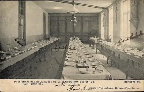 Ak Tournai ?, Pensionnat des Religieuses de la Sainte-Union des SS. CC. Kain Omeries, Refectoire