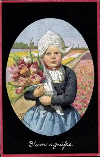 Künstler Ak Feiertag, Karl, Blumengrüße, Mädchen in Tracht mit Tulpen, BKWI 458-6
