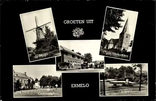 Ak Ermelo Gelderland, de Molen, Oude Herv. Kerk, Gemeentehuis, Oorlogsmonument