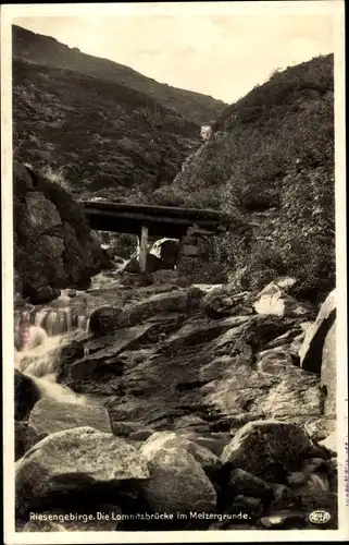 Ak Karpacz Krummhübel Riesengebirge Schlesien, Melzergrund, Wasserfall, Lomnitzbrücke