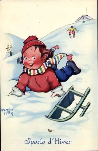 Künstler Ak Mallet, Beatrice, Sports d'Hiver, Kind im Schnee, Schlitten