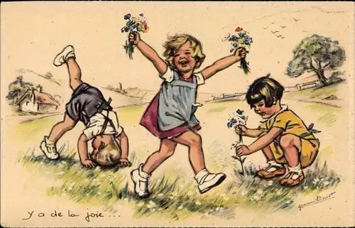 Künstler Ak Bouret, Germaine, Y a de la joie, Kinder spielen auf einer Wiese