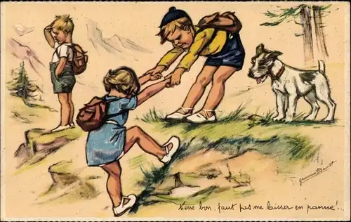 Künstler Ak Bouret, Germaine, Kinder klettern, Terrier