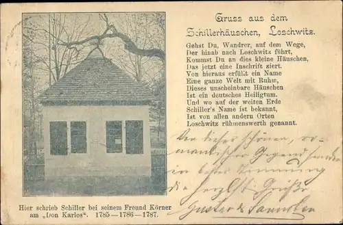Ak Dresden Loschwitz, Schillerhäuschen, Gedicht