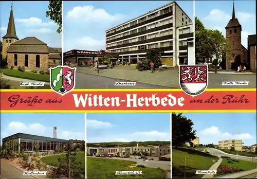 Ak Herbede Witten an der Ruhr, Evgl. Kirche, Sparkasse, Kath. Kirche, Hauptschule, Hallenbad, Wappen