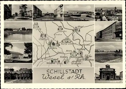 Ak Wesel am Niederrhein, Rathaus, Rheinbrücke, Schule, Berliner Tor, Freibad, Bahnhof, Zitadelle