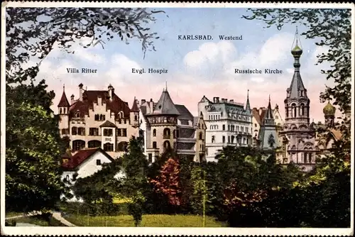 Ak Karlovy Vary Karlsbad Stadt, Villa Ritter, Evang. Hospiz, Russische Kirche