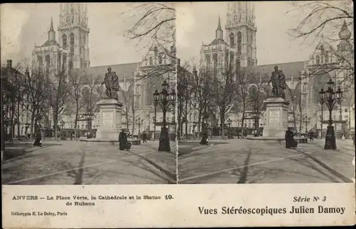 Stereo Ak Antwerpen Anvers Flandern, La Place Verte, Cathedrale, Statue de Rubens
