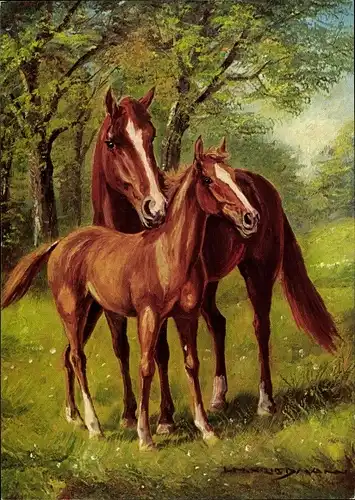 Künstler Ak Friedmann, H., Stute mit Fohlen