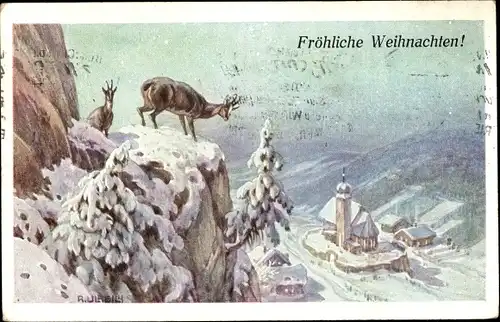 Künstler Ak Glückwunsch Weihnachten, Bergziegen, Blick auf den Ort
