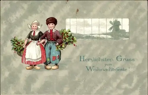 Ak Glückwunsch Weihnachten, Kinder in niederländischer Tracht, Stechpalme, Windmühle