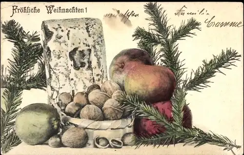 Ak Glückwunsch Weihnachten, Tannenzweige, Nüsse, Äpfel
