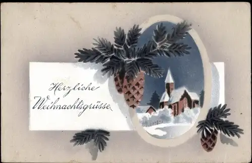 Ak Glückwunsch Weihnachten, Tannenzweige, Zapfen, Kirche