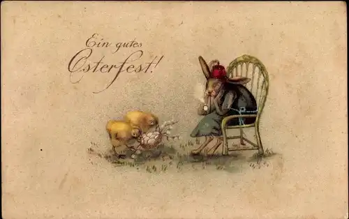 Präge Ak Glückwunsch Ostern, Osterhase, Stuhl, Küken, Eier, Weidenkätzchen
