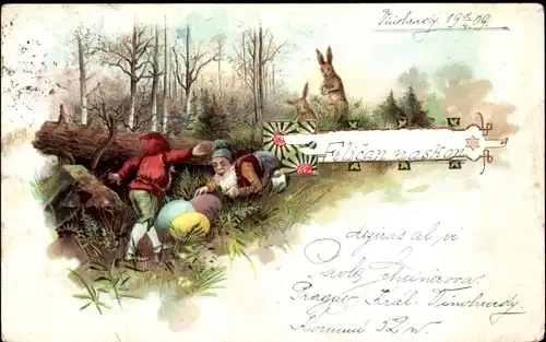 Ak Glückwunsch Ostern, Zwerge, Ostereier, Hasen