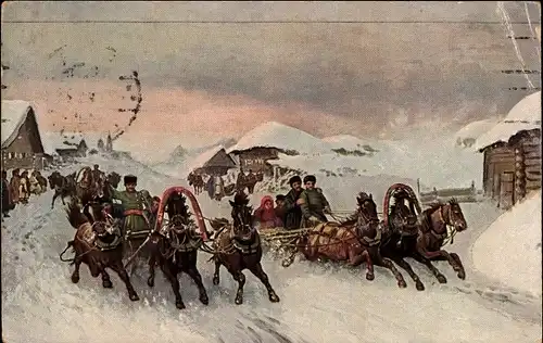 Künstler Ak Grousinsky, P.N., Faschingszeit, Pferdekutschen, Winter, Russland