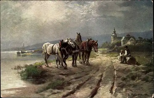 Künstler Ak Rastende Treidelpferde am Ufer, Blick zum Ort, Kirche