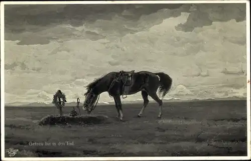 Künstler Ak Getreu bis in den Tod, Pferd, Soldatengrab, Primus Nr 1036