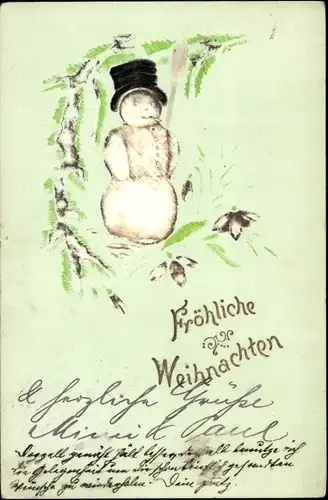 Präge Ak Glückwunsch Weihnachten, Schneemann, Besen, Tannenzweige