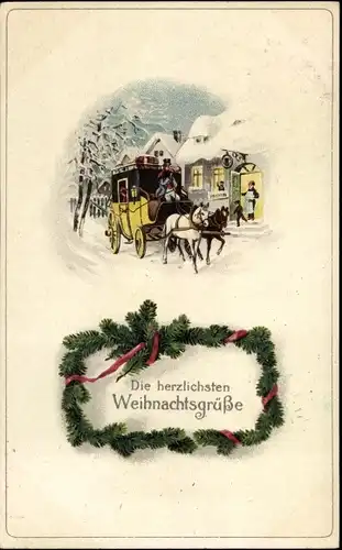 Ak Glückwunsch Weihnachten, Tannenzweige, Postkutsche