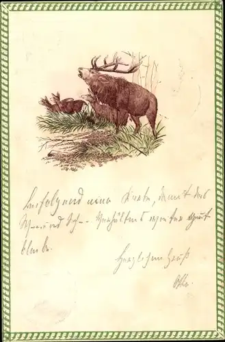 Präge Passepartout Ak Hirsch und Rehe im Wald