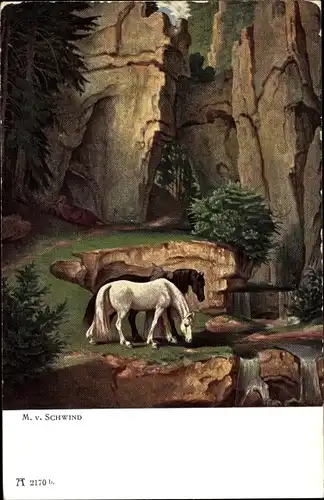 Künstler Ak Schwind, Moritz von, Pferde, Schlucht