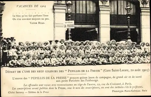 Ak Paris VIII Arrondissement Élysée, Depart de l'Une des Neuf Colonies des Pupilles de la Presse